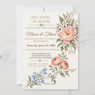 Invitación Historia de Amor Floral Acuarela Rosa Rubor Bodas