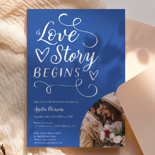 Invitación Historia de amor foto azul blanca ducha de novia