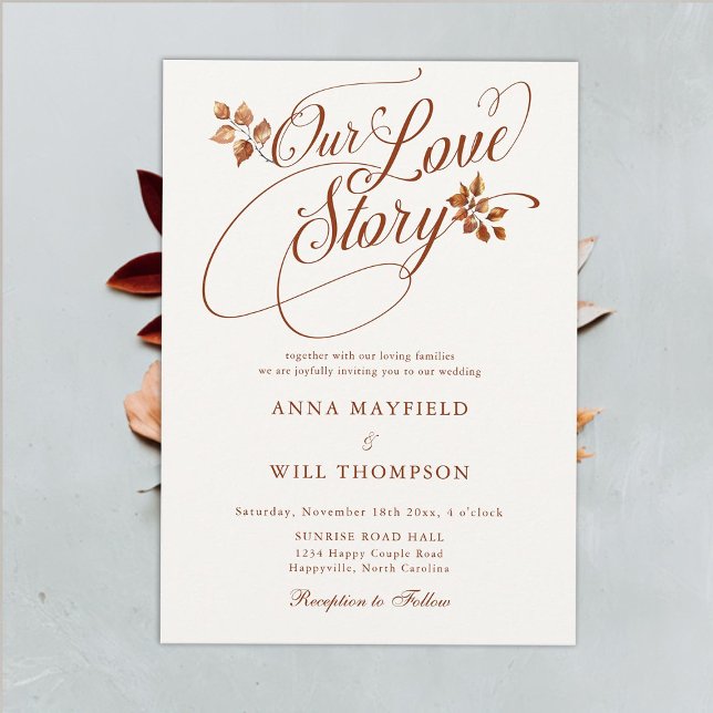 Invitación Historia de amor otoñal Boda de caligrafía románti (fall leaves love story romantic calligraphy wedding invitation rustic elegant modern classic simple)