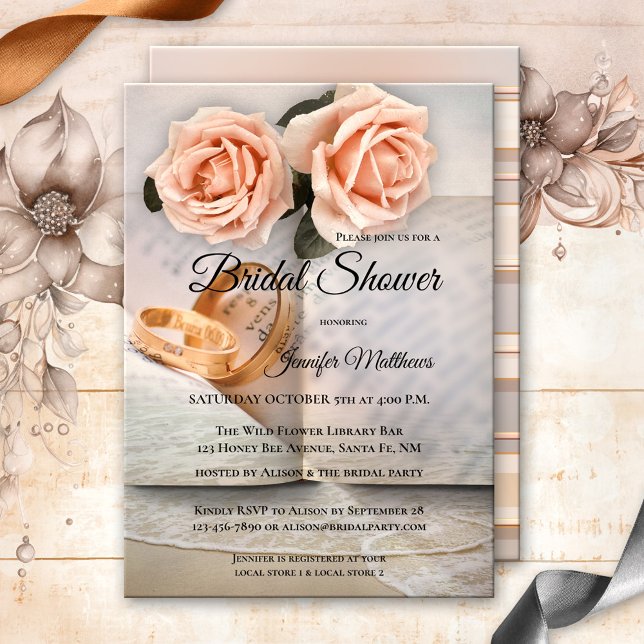 Invitación Historia de amor Romance Libro Bridal Shower Invit (bridal shower invitation featuring books with peach roses, wedding rings and a beach overlay)