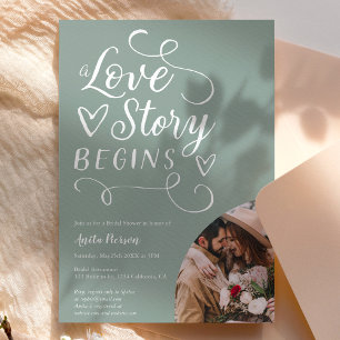 Invitación Historia de amor sage foto blanca verde ducha de n