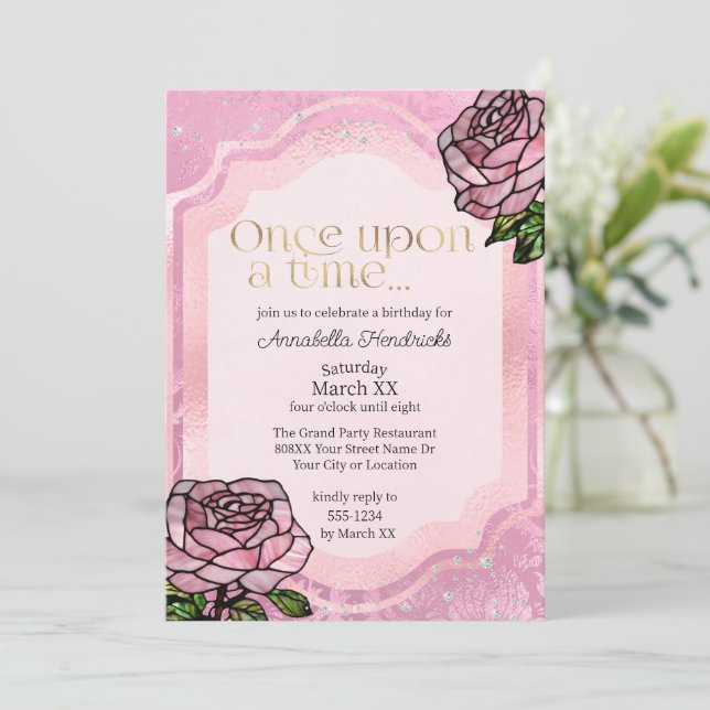 Invitación Historia de belleza durmiente de rosas rosadas de  (Anverso de pie)