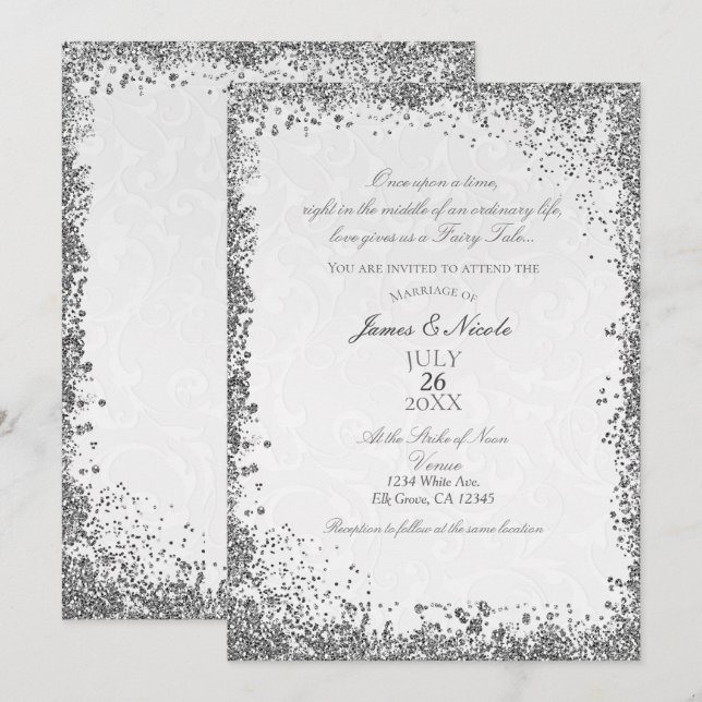 Invitación Historia de Cuento de Hadas de Damasco Blanco de P (Anverso / Reverso)