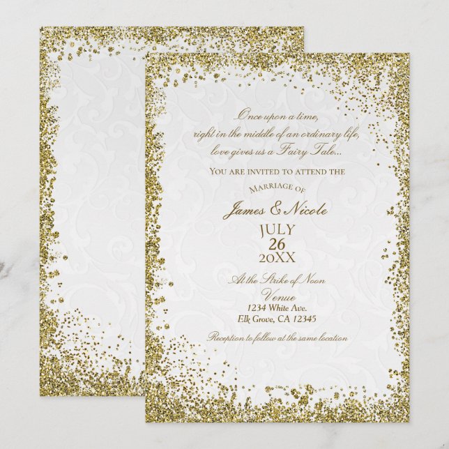 Invitación Historia de Cuento de Hadas de Damasco Blanco de P (Anverso / Reverso)