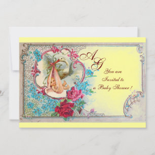 INVITACIÓN HISTORIA NIÑA BEBÉ DUCHA ROSA FLORAL AMARILLA MONO