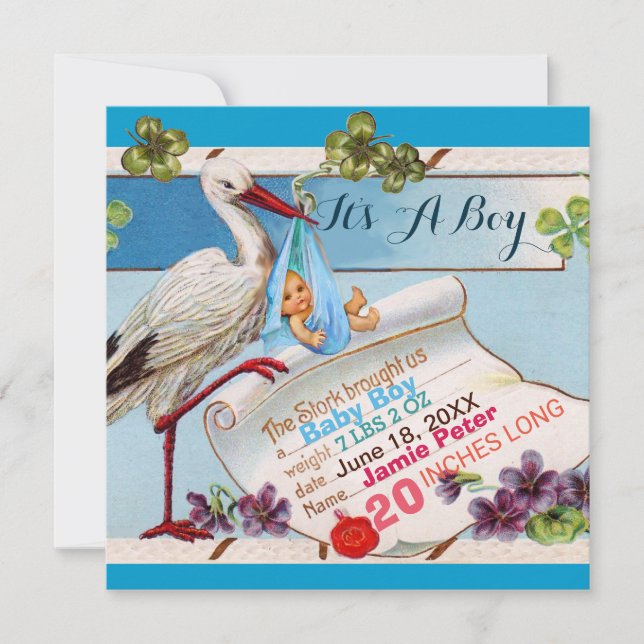 INVITACIÓN HISTORIA, SHAMROCKS NIÑO ESTADOS DE NACIMIENTO DE  (Anverso)