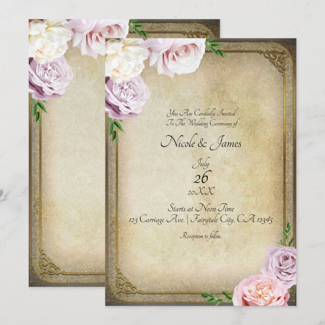 Invitación Historieta de época Boda elegante de vegetación fl (Anverso / Reverso)