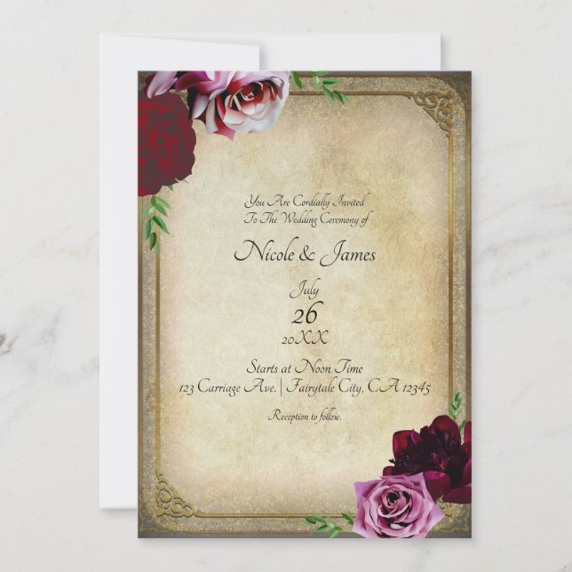 Invitación Historieta de época elegante Boda floral rosa oscu (Anverso)