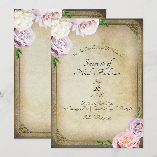 Invitación Historieta de época elegante dulce de flores 16 Fi (Anverso / Reverso)