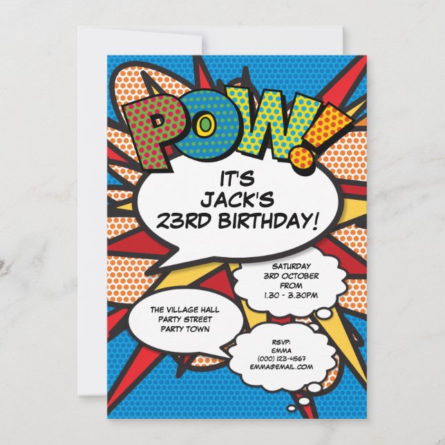 Invitación Historieta de fiesta de cumpleaños azul moderna de (Anverso)