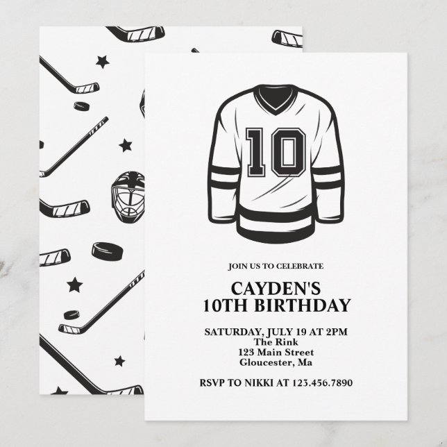 Invitación Hockey negro y blanco cumpleaños 10 (Anverso / Reverso)
