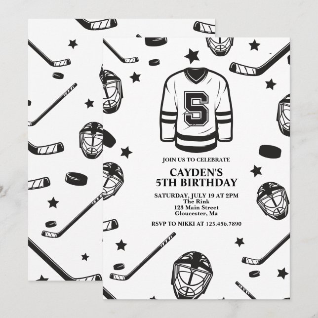 Invitación Hockey negro y blanco cumpleaños 5 (Anverso / Reverso)