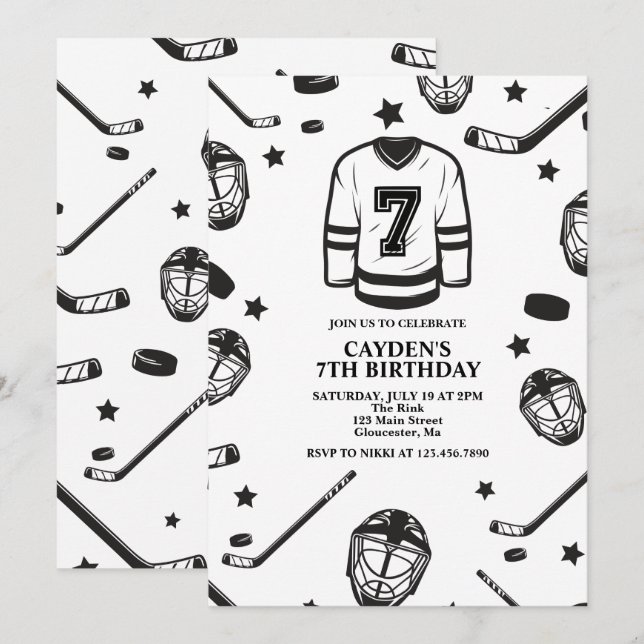 Invitación Hockey negro y blanco cumpleaños 7 (Anverso / Reverso)