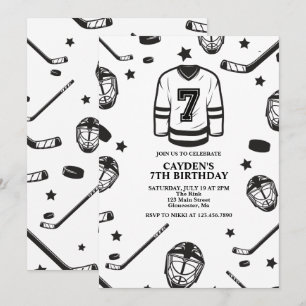 Invitación Hockey negro y blanco cumpleaños 7