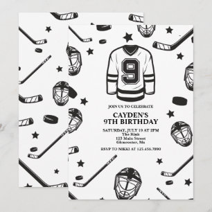 Invitación Hockey negro y blanco cumpleaños 9
