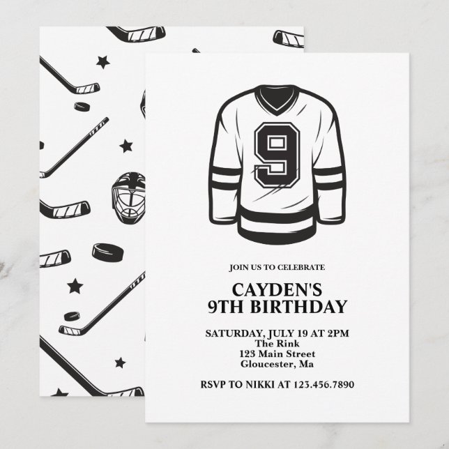 Invitación Hockey negro y blanco cumpleaños 9 (Anverso / Reverso)