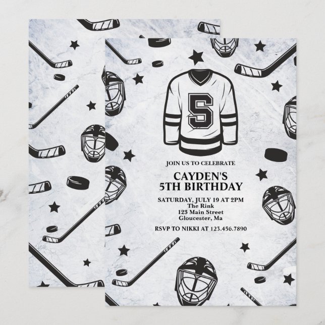 Invitación Hockey negro y blanco quinto cumpleaños (Anverso / Reverso)