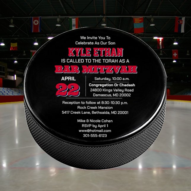 Invitación Hockey Puck Red White and Blue Bar Mitzvah (Subido por el creador)