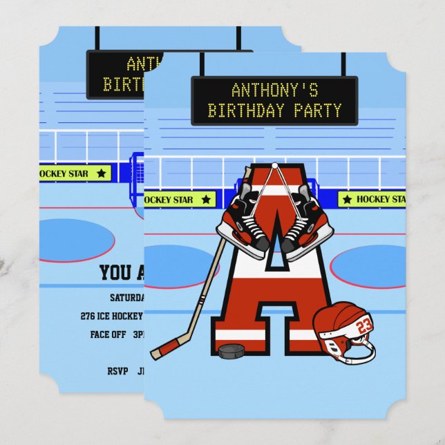 Invitación Hockey sobre hielo inicial personalizado (Anverso / Reverso)