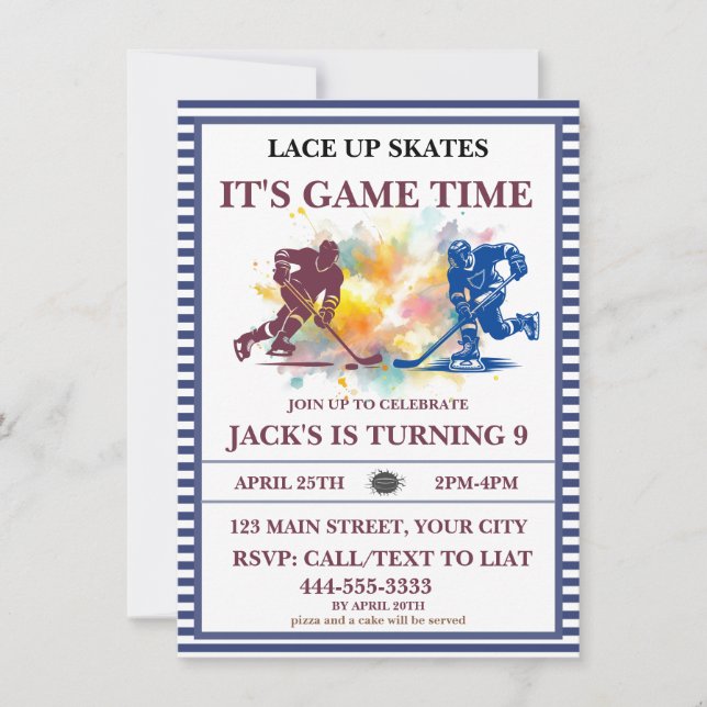 Invitación Hockey sobre hielo "Lace Up Skates, It's Game Time (Anverso)