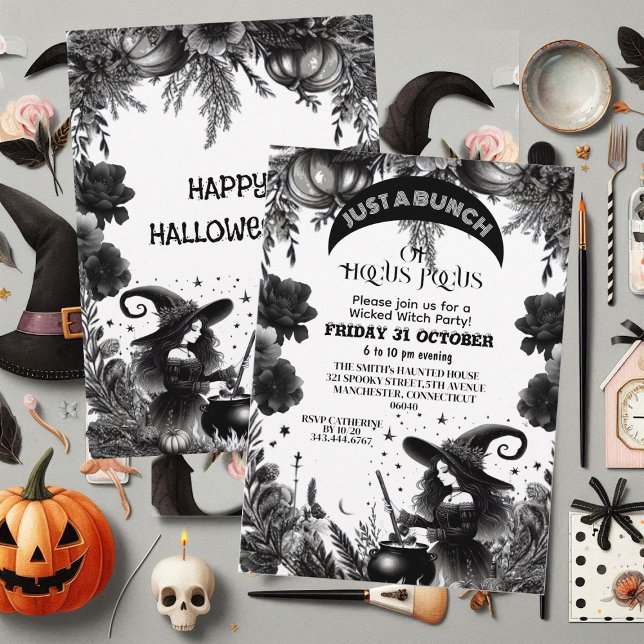 Invitación Hocus Pocus Fiesta malvado guion gótico negro (Hocus Pocus Wicked Witch Party Gothic Script Black Invitation)