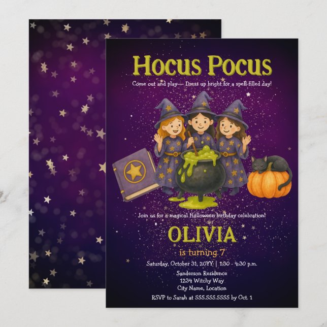 Invitación Hocus Pocus Halloween Cumpleaños Party (Anverso / Reverso)