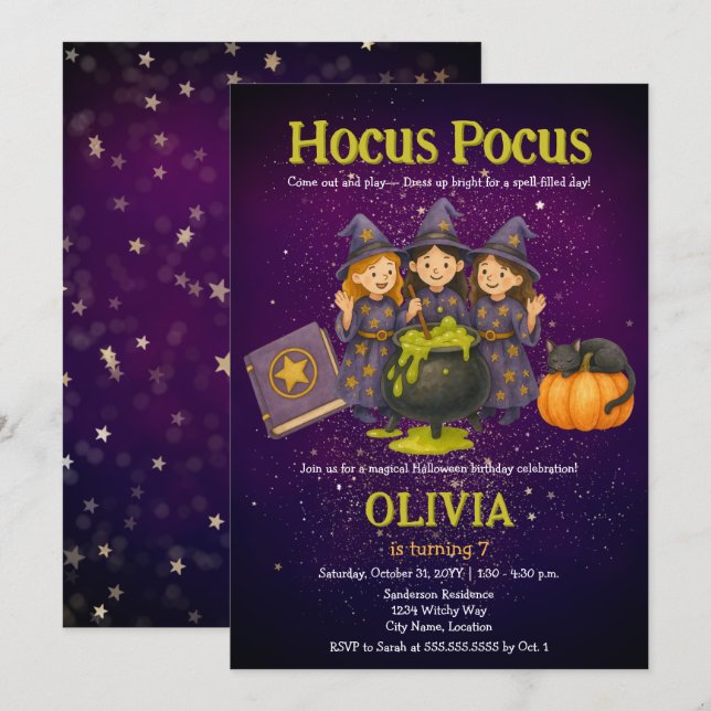 Invitación Hocus Pocus Halloween Cumpleaños Party (Anverso / Reverso)