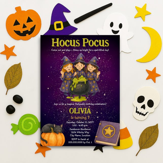 Invitación Hocus Pocus Halloween Cumpleaños Party (Hocus Pocus kids birthday / Halloween party invitation front)