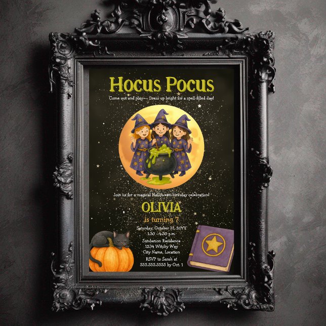 Invitación Hocus Pocus Halloween Cumpleaños Party (Three witches Hocus Pocus child's costume Halloween birthday party invitation)