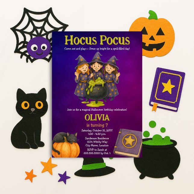 Invitación Hocus Pocus Halloween Cumpleaños Party (Three little witches Hocus Pocus Halloween birthday party invite)