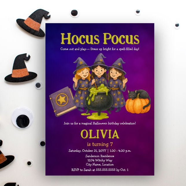 Invitación Hocus Pocus Halloween Cumpleaños Party (Cut little witches October Halloween birthday costume party invitation)