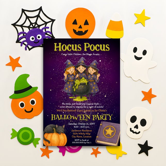 Invitación Hocus Pocus Kids Halloween (Hocus Pocus fun witches October Halloween Party invitation)