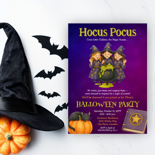 Invitación Hocus Pocus Kids Halloween (Fun witches Halloween costume party invitation for kids)
