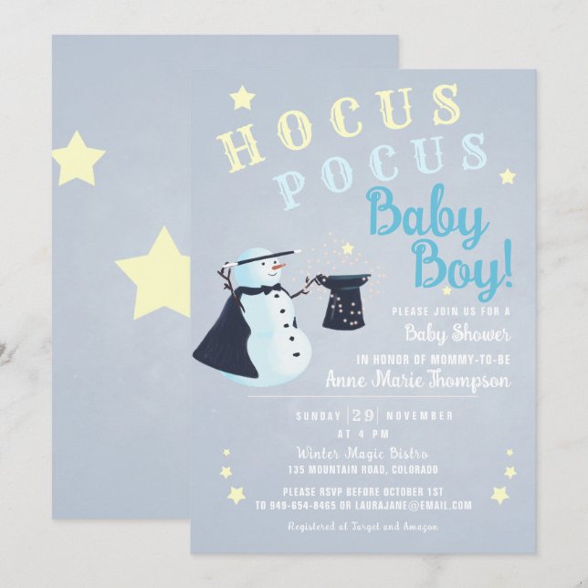 Invitación Hocus Pocus Magic Snowman Winboy Boy Baby Shower (Anverso / Reverso)