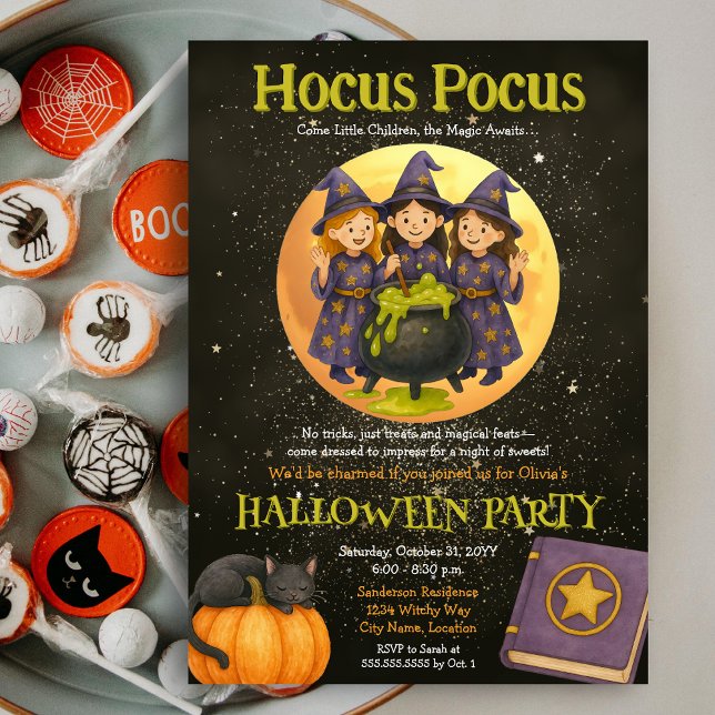 Invitación Hocus Pocus Witchy Kids Halloween Party (Hocus Pocus three young witches Halloween Party invite)