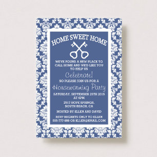 Invitación Hogar de Damask azul lindo Dulce Hogar Calentador