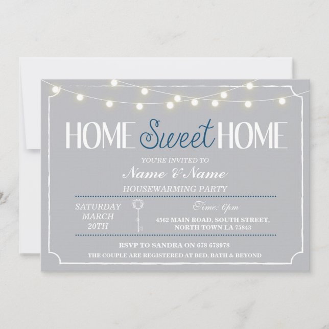 Invitación Hogar Dulce Hogar Calentador Lámina Gris Blanca In (Anverso)