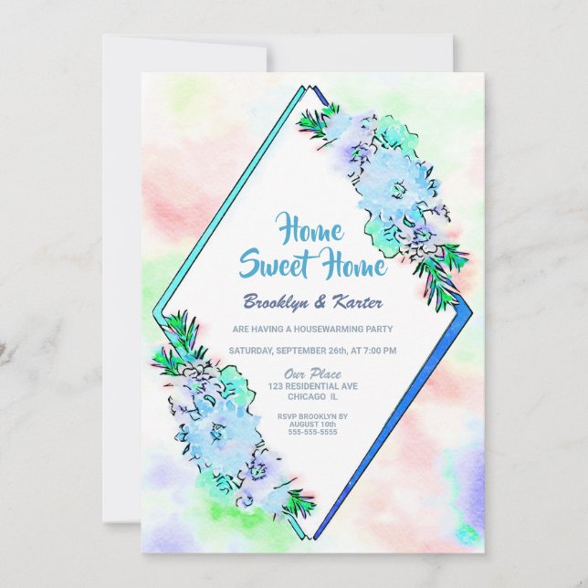 Invitación Hogar Dulce Hogar Floral Azul Fiesta Calentador de (Anverso)