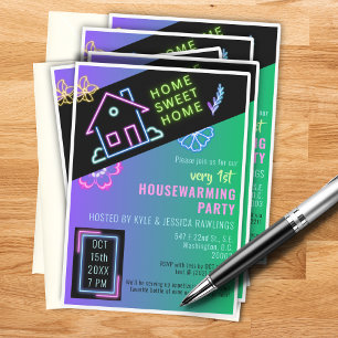 Invitación Hogar Dulce Hogar Neon Fiesta de Calentamiento Fam