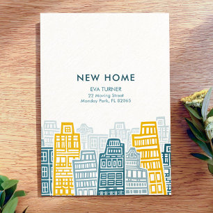 Invitación Hogar nuevo azul y amarillo con ciudad de dibujos 
