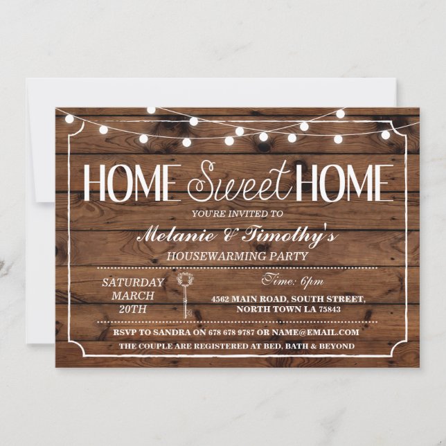Invitación Hogar Rústico Dulce Hogar Luces Calentadoras Invit (Anverso)