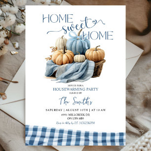 Invitación Hogar Sweet Home Blue Gingham Pumpkin Hogar Calent
