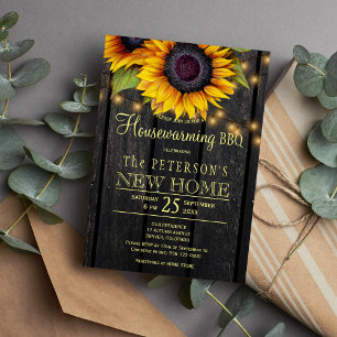 Invitación Hogares de oro girasoles de campo de madera de gra