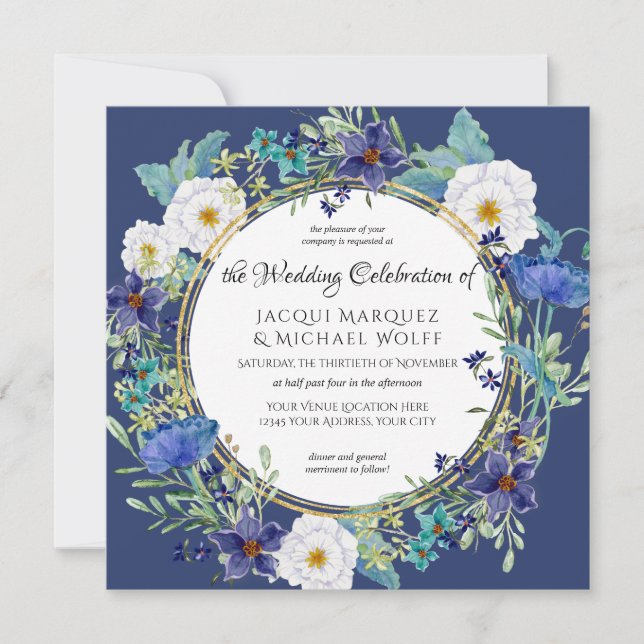 Invitación Hoja de amapola azul en Boda floral (Anverso)