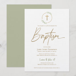 Invitación Hoja de Arco Moderno Wreath Giled Gold Cross Bapti