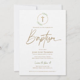 Invitación Hoja de Arco Moderno Wreath Giled Gold Cross Bapti