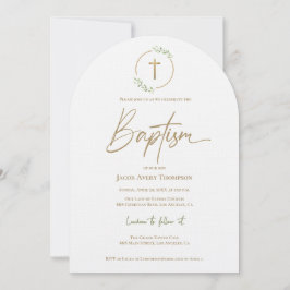 Invitación Hoja de Arco Moderno Wreath Giled Gold Cross Bapti