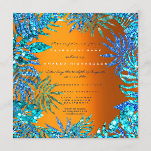 Invitación Hoja de helecho tropical playa océano azul naranja