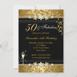 Invitación Hoja de joyas de oro 50 Cumpleaños fabuloso negro