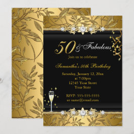 Invitación Hoja de joyas de oro 50 Cumpleaños fabuloso negro